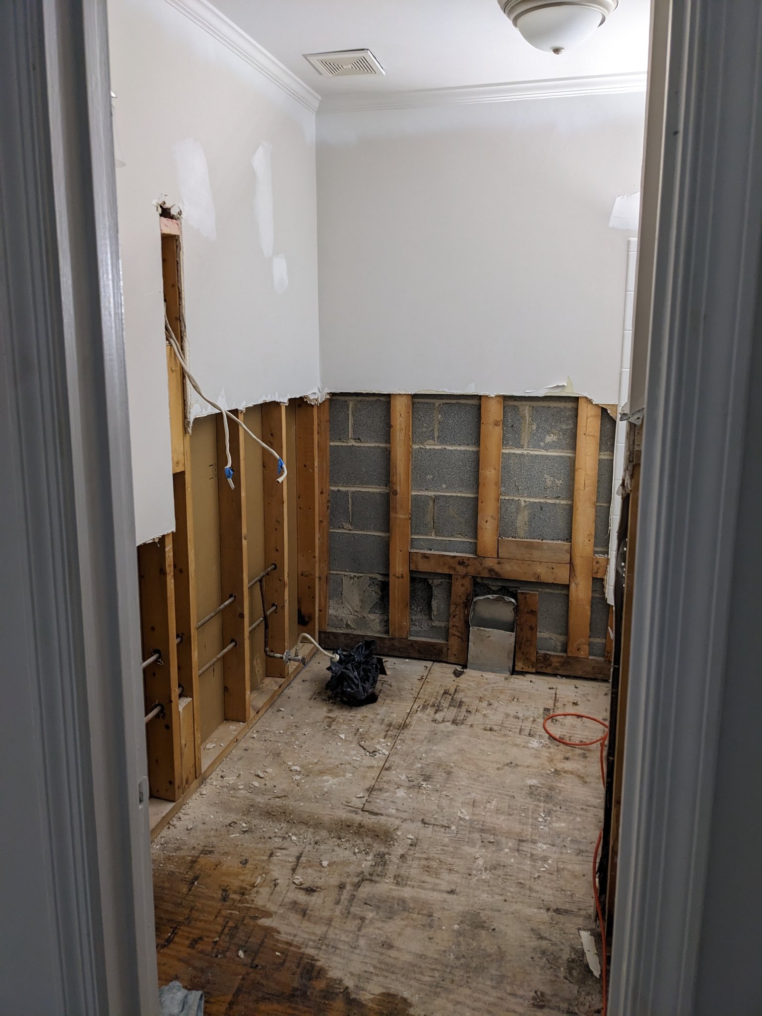 Bathroom gutted to studs and CMU block with subfloor exposed during demo in Raleigh townhouse